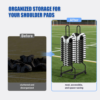 Football Shoulder Pad Rack with Lockable Wheels, Heavy Duty Steel Football Shoulder Pad Holder, Large Capacity Sports Equipment Storage Rack for Locker Room, Team Equipment and Training Facilities