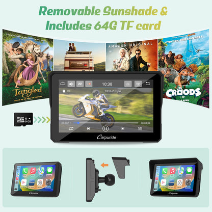 Carpuride W502 Motorcycle GPS Wireless Portable Carplay/Android Auto Waterproof Car Stereo, 5" IPS Touch Screen with Dual Bluetooth, Navigation/Siri/G00gle Assistant for Motorbike