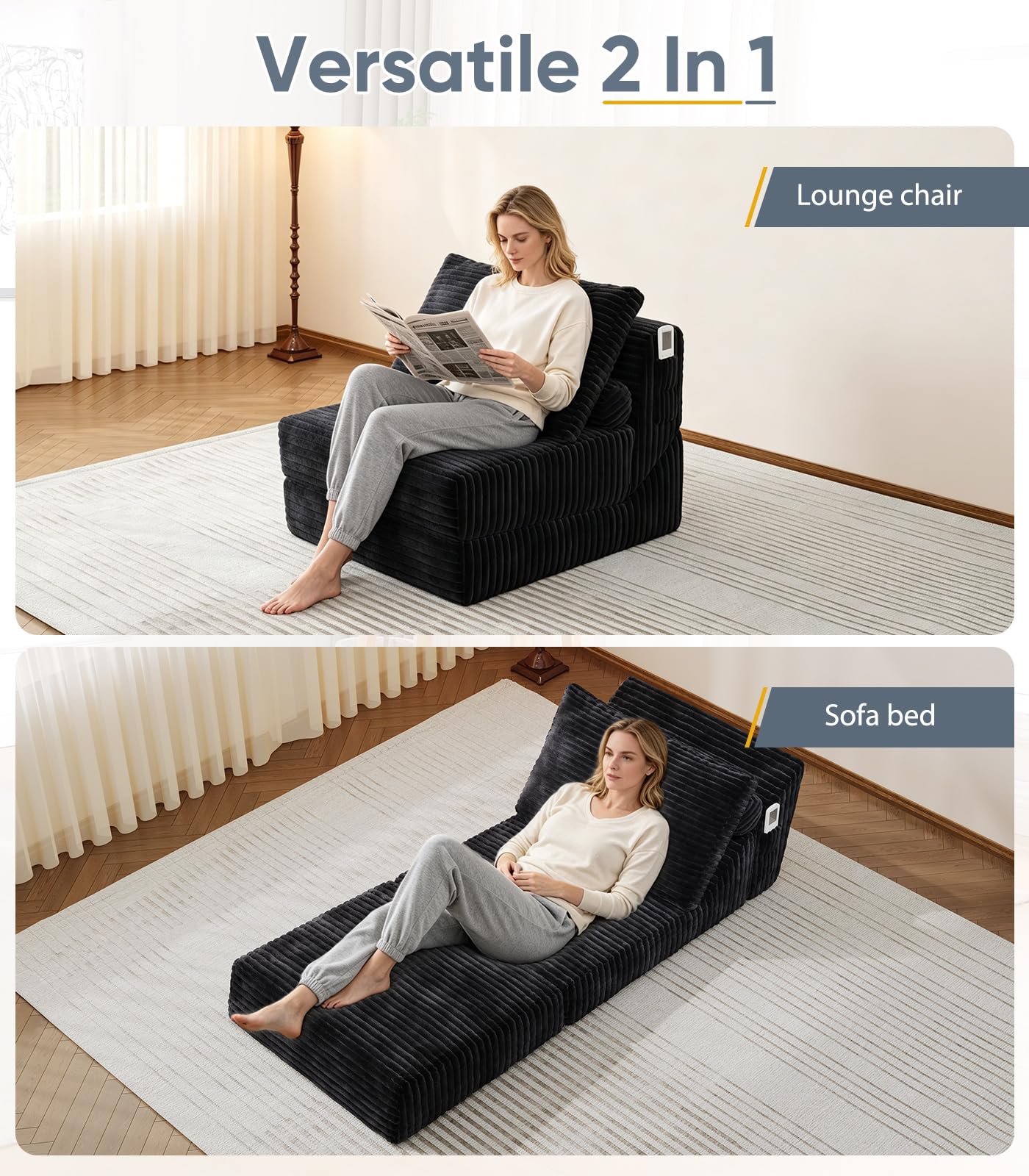 Folding Sofa Bed Versatile Boneless Chair Futon Couch Convertible Sleeper Chair Chaise Lounge Chair Indoor BeanBag Chair for Adult Kids, Oversized Comfy Floor Portable for Living Room Bedroom