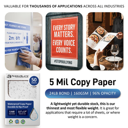 TerraSlate Waterproof Paper, Rip-Proof Paper, 50 Sheets, 5 Mil (24lb Bond), 11” x 17”, Laser Printer and Copy Machine Compatible