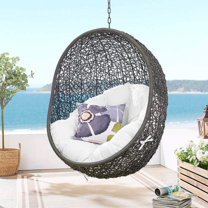 Modway Hide Wicker Rattan Outdoor Patio Porch Lounge Egg Swing Chair Set with Stand in Gray White