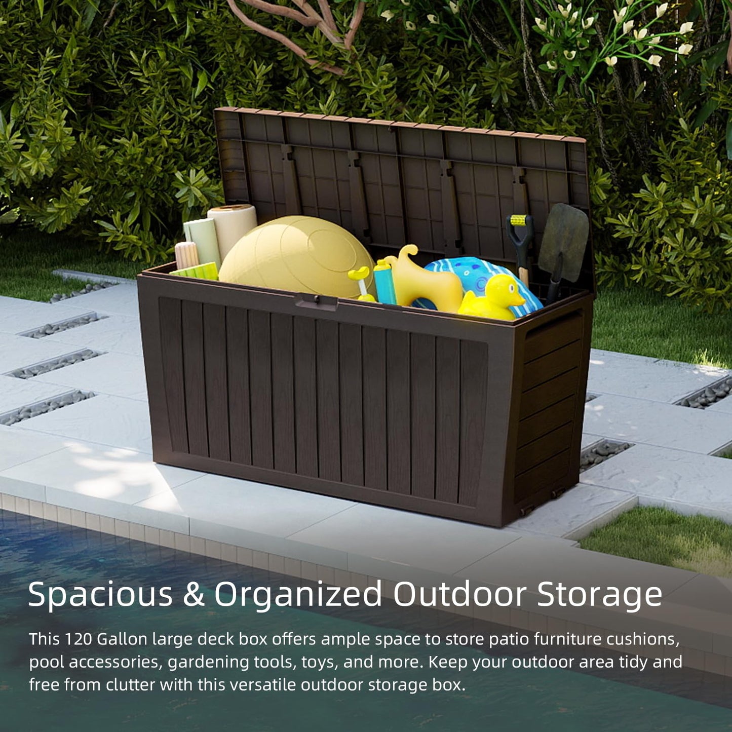 Pareschi 71 Gallon Resin Deck Box，Outdoor Storage Box, Waterproof Lockable Large Storage Bench for Patio Furniture, Pool Accessories & Garden Tools, Brown