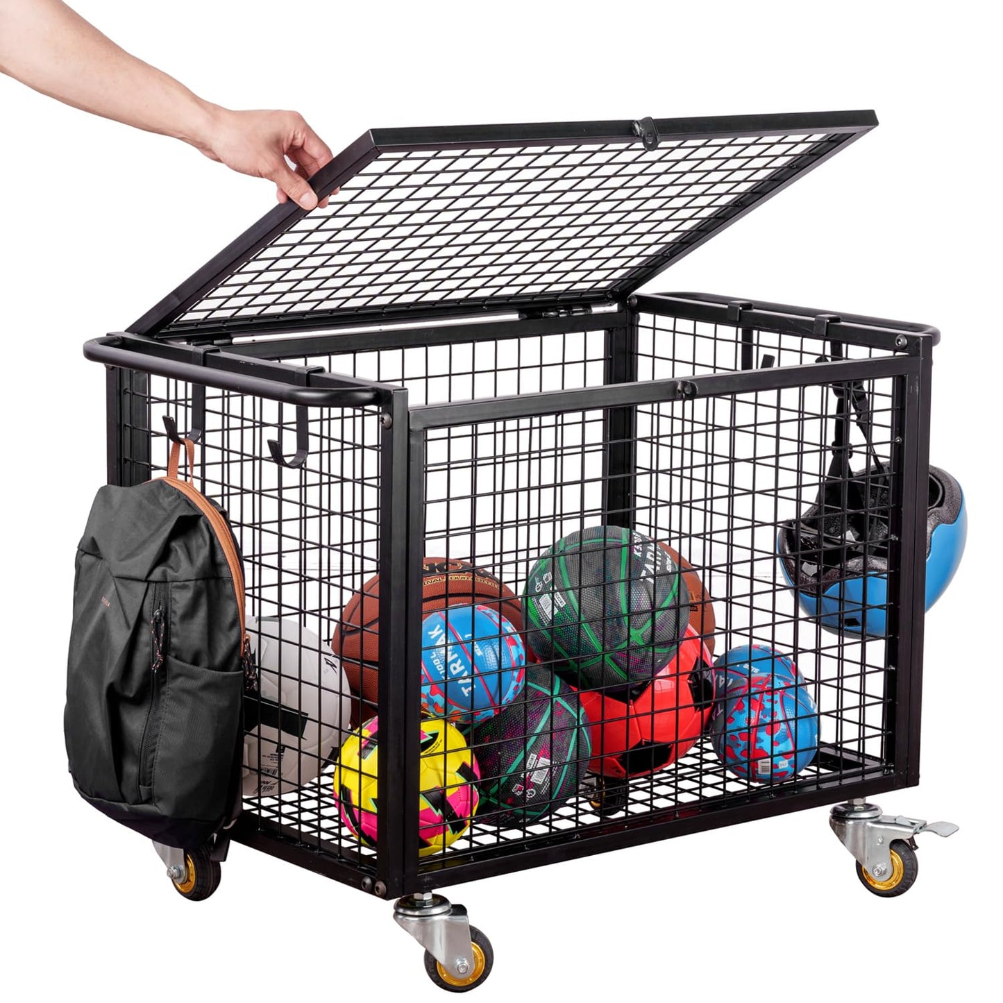 MyGift Black Metal Rolling Sports Ball Storage Cart for Playground, Dodge Ball, Basketball, Soccer Ball Gym Basket Equipment Cart with Lockable Latch, Caster Wheels and 4 Hooks