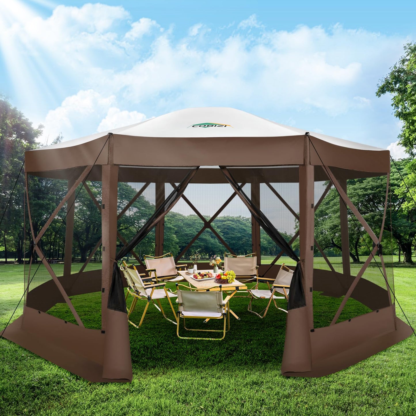 COBIZI 15x15FT Pop Up Gazebo Screen Tent Screen House for Camping, Screen Room with Mosquito Netting, Hub Tent Instant Screened Canopy with Carrying Bag and Ground Stakes, Brown