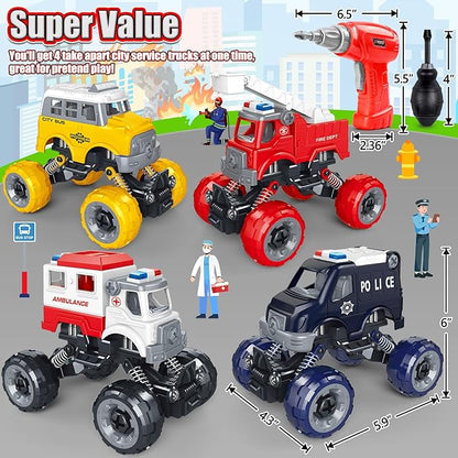 LUDILO Kids Boys Toys Age 4-6 5-7 6-8: 4 PCS DIY Assembly Building City Bus Ambulance Police Car Toy Fire Truck with Electric Drill Stem Learning Toys Gifts for 3 4 5 6 7 8 Year Old Boys Girls Kids