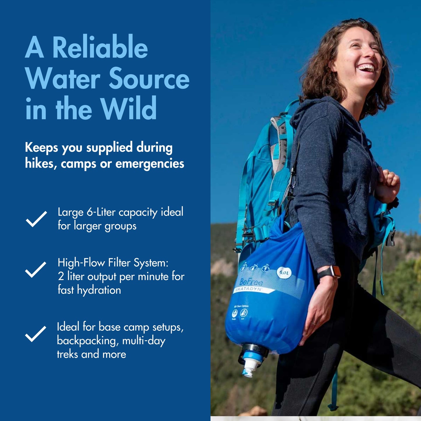 Katadyn BeFree Gravity Water Filter 6L for Camping & Group Use | 0.1 Micron Hollow Fiber Filter Removes Bacteria & Protozoa, 1,000L Capacity, BPA-Free