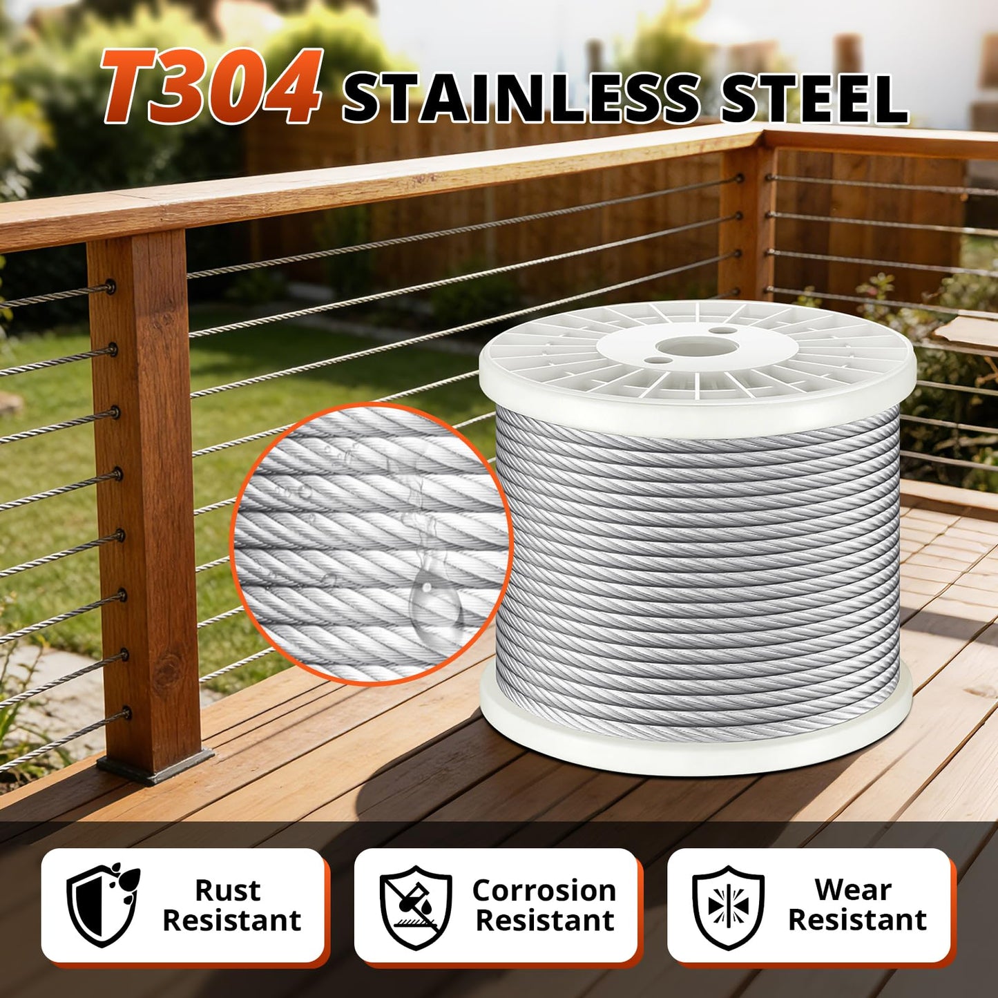 VEPURLT 200FT 1/4" Thickened Stainless Steel Cable Wire Rope, 7x19 Strand Aircraft Cable 6400lb Breaking Strength with Clamps & Thimbles for Zipline, String Light Hanging, Clothesline, DIY Projects
