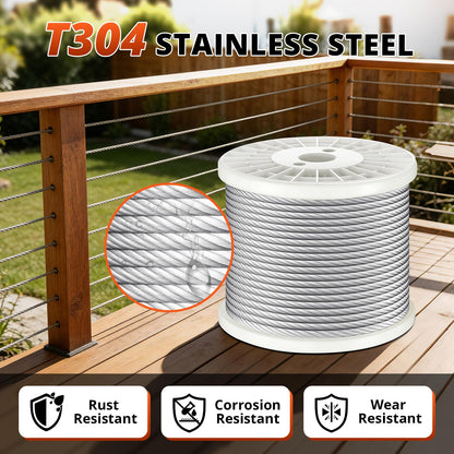 VEPURLT 200FT 1/4" Thickened Stainless Steel Cable Wire Rope, 7x19 Strand Aircraft Cable 6400lb Breaking Strength with Clamps & Thimbles for Zipline, String Light Hanging, Clothesline, DIY Projects