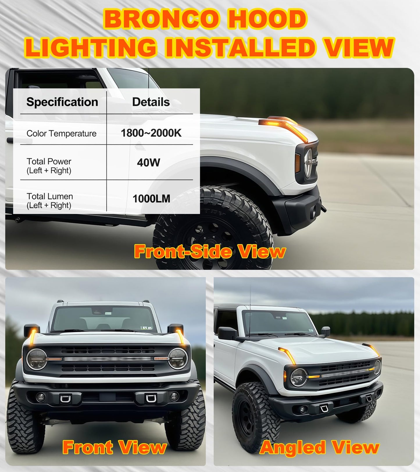 LED Hood Handle Trail Sight Lights for Ford Bronco 2021 2022 2023 2024 2025 2026 Accessories Fog Light Kit Marker Lighting Bar (Amber DRL with Side Markers)