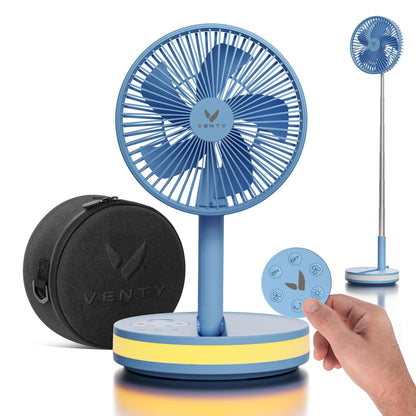 VENTY Portable Fan - Wireless Battery Operated Fan - 4 Speeds - LED Lighting - Carry Case & Remote Control - Cruise Travel - Outdoor Travel RV Power Bank With USB-C Port (Blue with Case)