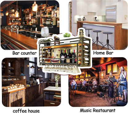 MKOEIY Wall Mounted Wine Rack Dual Wood Shelves 2 in 1 Industrial Metal Frame Wine Bar Rack, Ceiling or Wall Mount, Customizable Spotlight System (Bulbs Not Included)