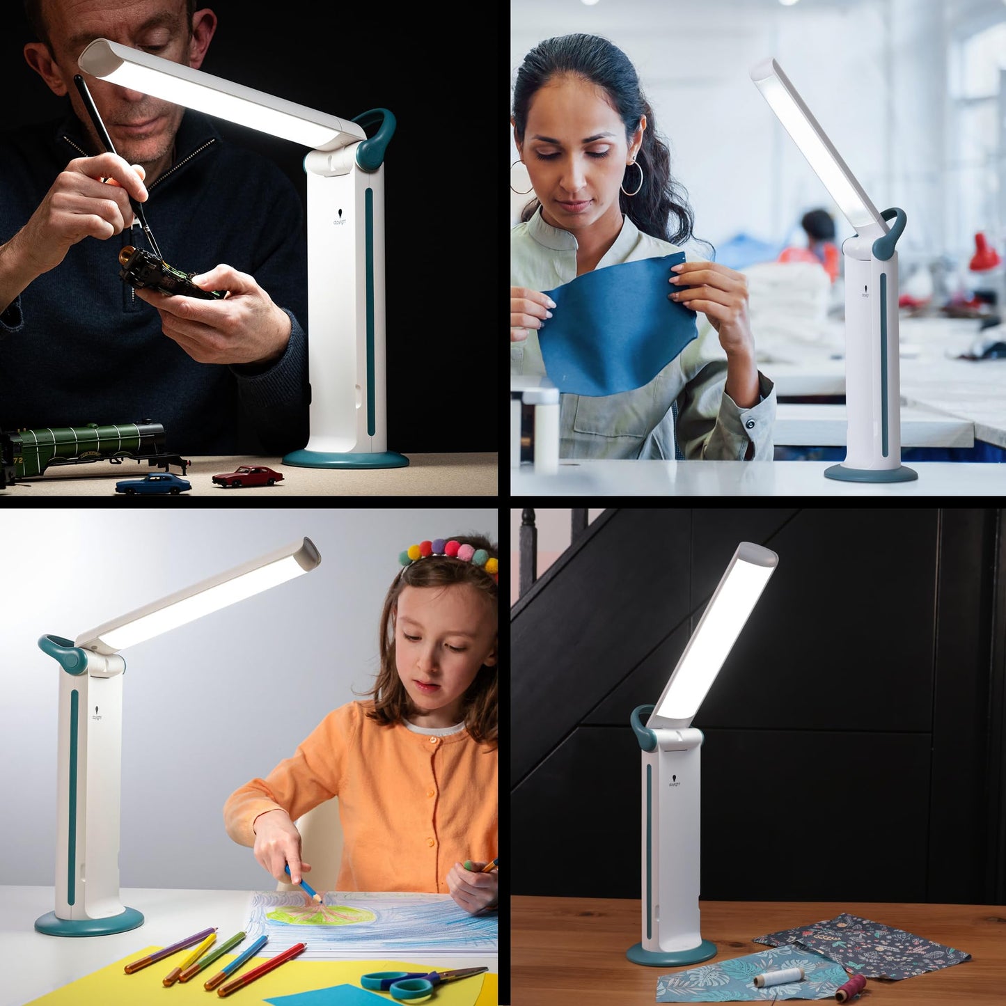 Daylight Twist 2 Go Rechargeable LED Lamp – Portable Craft & Task Light with Easy Twist Shade, 95+ CRI for Color Accuracy, 3 Brightness Levels, Up to 8 Hours Battery Life – Teal & White (U35090)