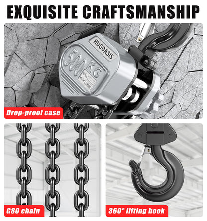 HUGOASIS Mini Lever Hoist 1/2 TON 1100 LBS Capacity 10FT Lift, Portable Aluminum Ratchet Chain Hoist with G80 Alloy Steel Chain, Dual Brake Hand Chain Puller for Lifting & Pulling,Silver