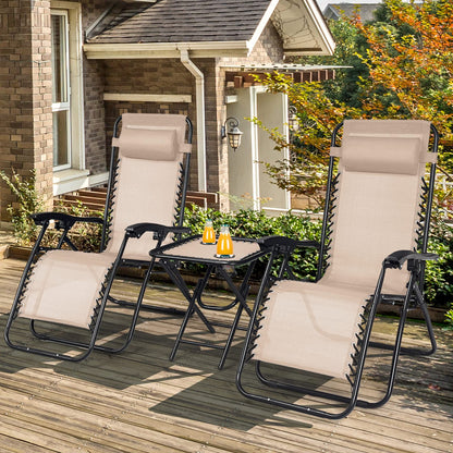 HAPPYGRILL Zero Gravity Lounge Chairs Set with Coffee Table, Folding Reclining Chairs with Side Table and Pillow, 3 Pieces Adjustable Patio Lawn Recliner Set for Outdoor Garden Camp Travel