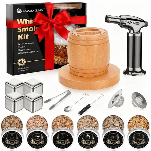 G GOOD GAIN Whiskey Smoker Kit with Torch - Old Fashioned Cocktail Smoker Kit with 6 Flavors Wood Chips | Drink Bourbon Infuser Set with 4 Stainless Steel Ice Stone for Men, Dad (No Fuel Included)