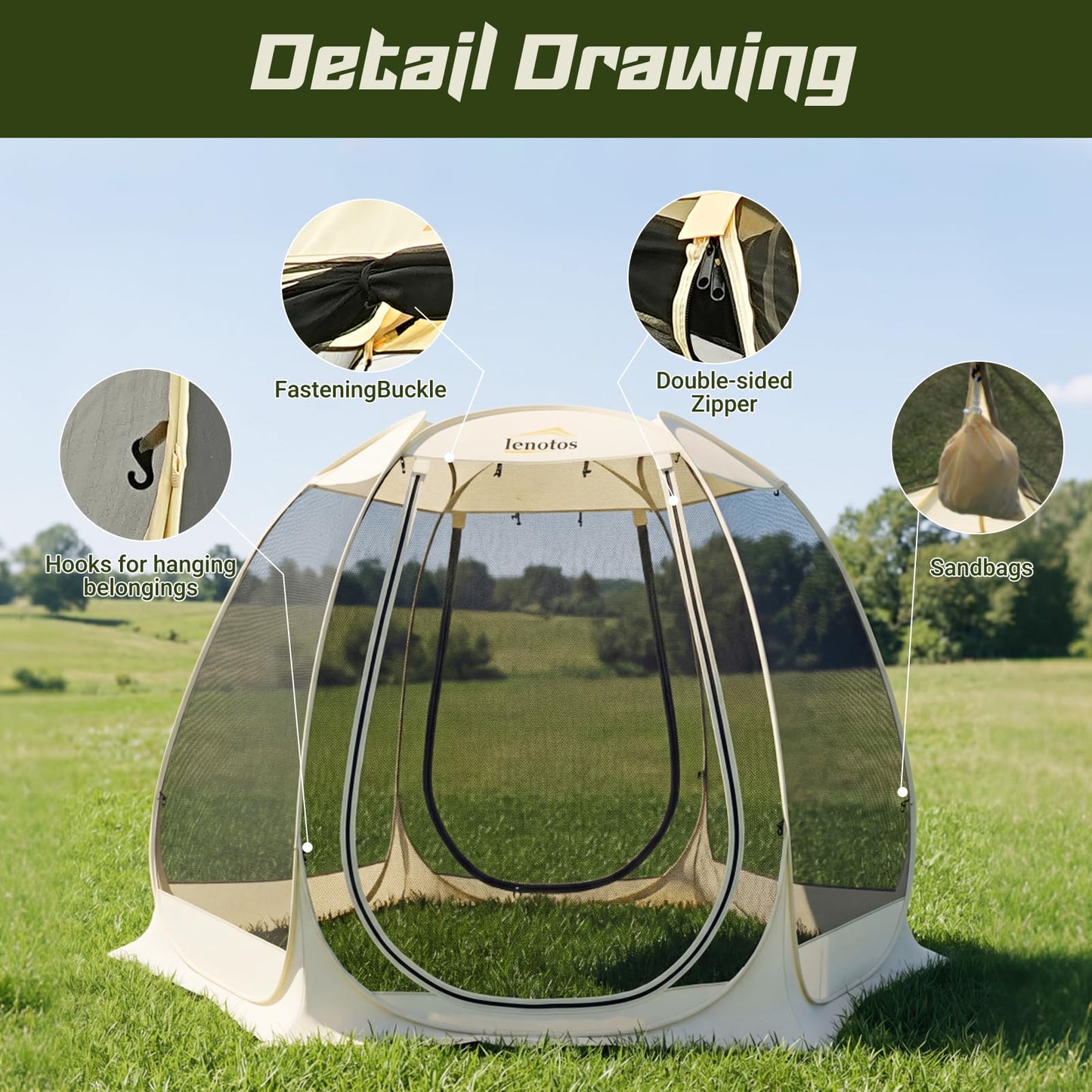 Lenotos Pop Up Screen House, 10'x10' Outdoor Screen Tent for Camping, Screened Gazebo with Mosquito Netting, Carry Bag