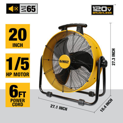 DEWALT DXF2042 Industrial Fan, 20 Inch High Velocity Fans with 3-Speed Adjustable Tilting Head, Drum Fan for Outdoor, House and Warehouse, Yellow