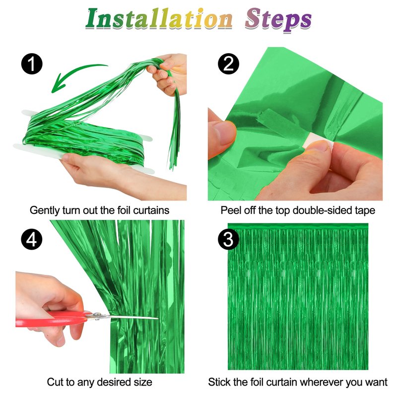 4 Pack Green Streamers, 3.28 FT x 7.05 FT Birthday Tinsel Backdrop, Metallic Foil Fringe Curtains Photo Booth Backdrop, Green Jungle Theme Decorations Birthday Decor