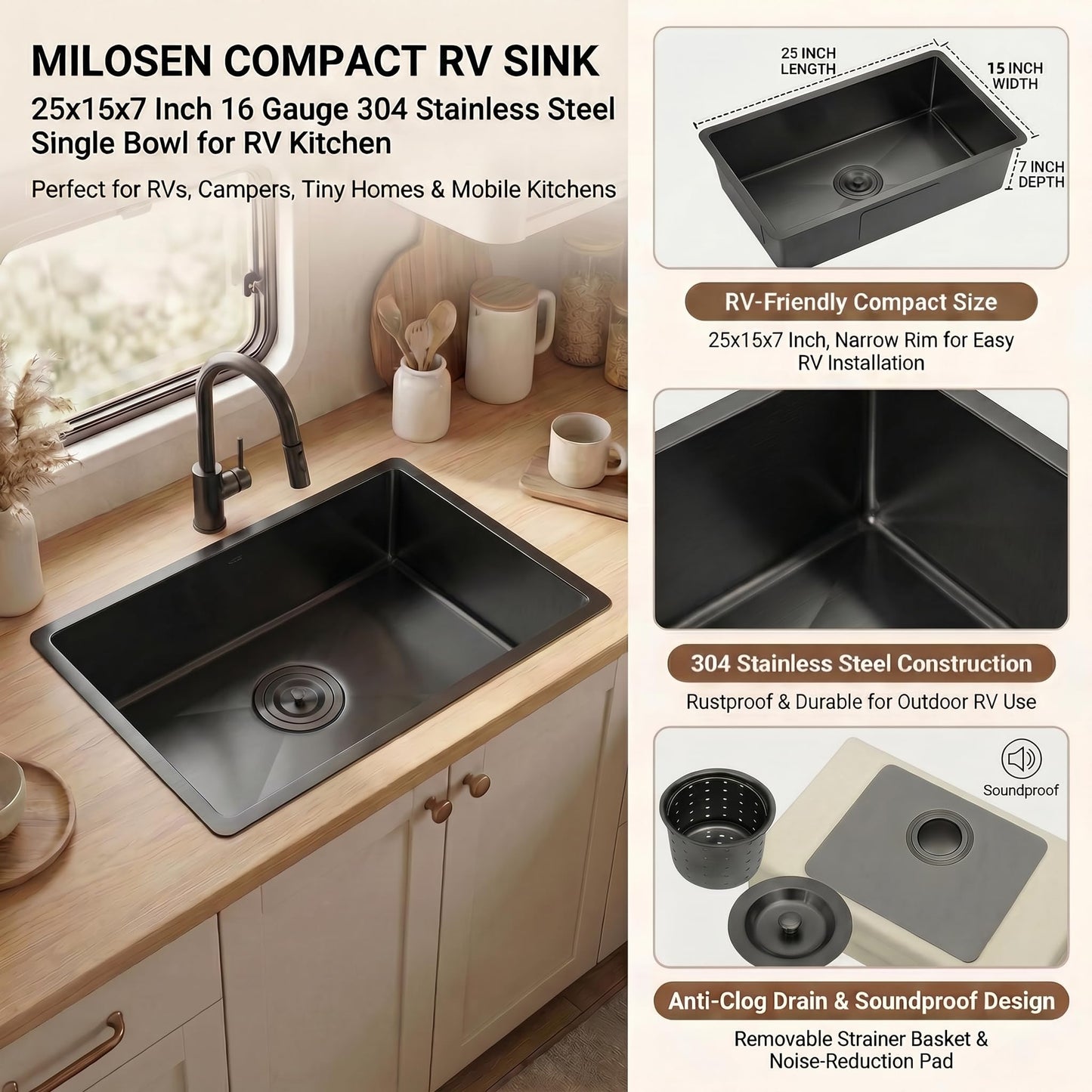 MILOSEN Black RV Kitchen Sink, 25''×15''×7'' 16 Gauge T304 Stainless Steel Drop-in/Undermount Black RV Sink, Single Bowl Sinks for Caravans/Campervans & Site Cabins, 7 inch Depth Outdoor Trailer Sinks
