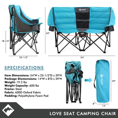 VILLEY Double Camping Chair w/Cooler Bag, Extra Wide Loveseat, Heavy Duty Padded Camping Couch, Portable Folding Chair w/Carry Bag Steel Frame Cup Holders for Camp Lawn Picnic Sports, Support 600LBS