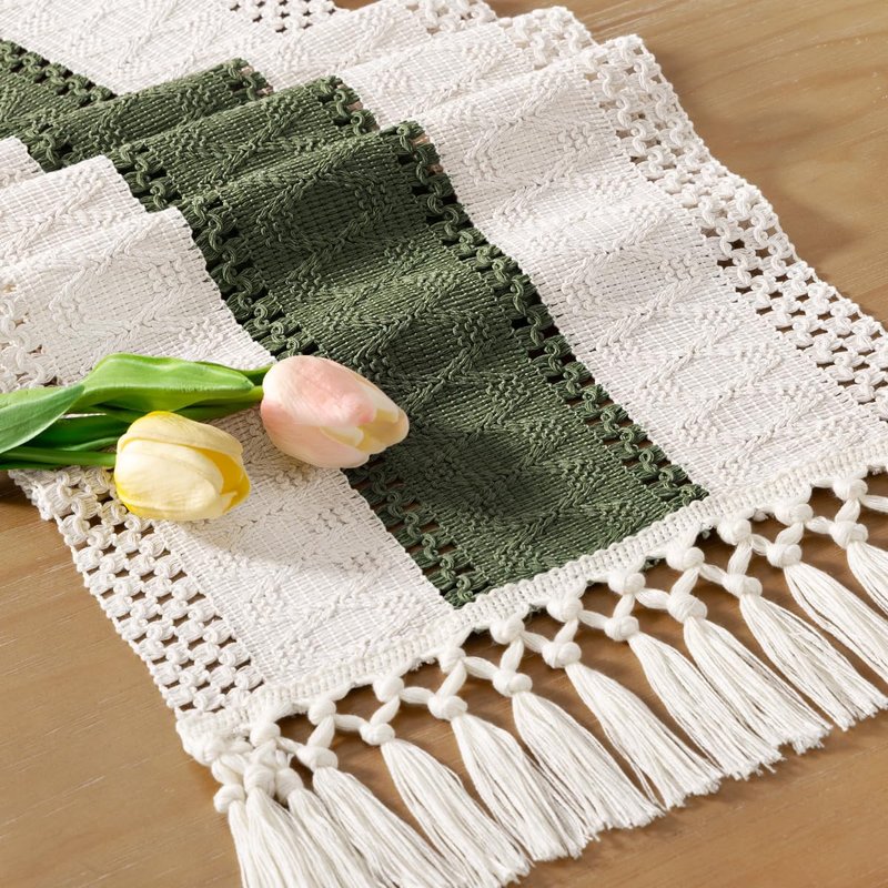 Socomi Boho Table Runner Summer Farmhouse Rustic Dining Kitchen Centerpiece Decor Small Macrame Woven Cotton Linen Coffee Table Runner for Dresser Scarf Home Decor 12x48 inch Olive Green