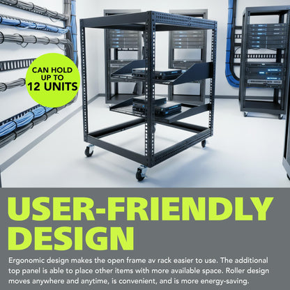 Pearington 12U Open Frame Server Rack, 23''-40'' Adjustable Depth, Free Standing or Wall Mount, 4 Post AV Rack with Casters, Holds Networking IT Equipment AV Gear Router Modem