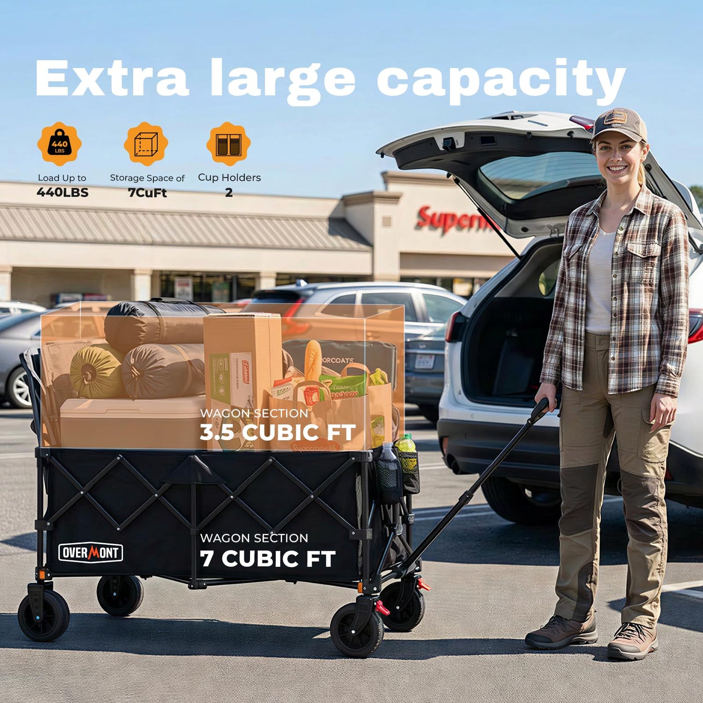 Overmont 46.6" L Extended Collapsible Wagon Cart - 440LBS Heavy Duty Foldable Beach Wagon with Big All-Terrain Wheels - Portable Folding Utility Wagon for Camping Sports Grocery Garden Shopping