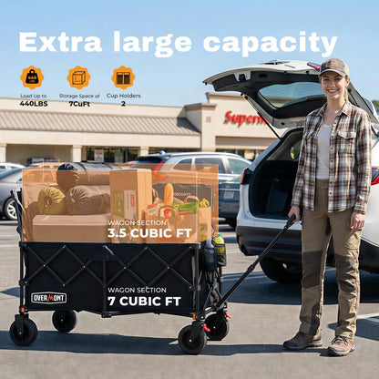 Overmont 46.6" L Extended Collapsible Wagon Cart - 440LBS Heavy Duty Foldable Beach Wagon with Big All-Terrain Wheels - Portable Folding Utility Wagon for Camping Sports Grocery Garden Shopping