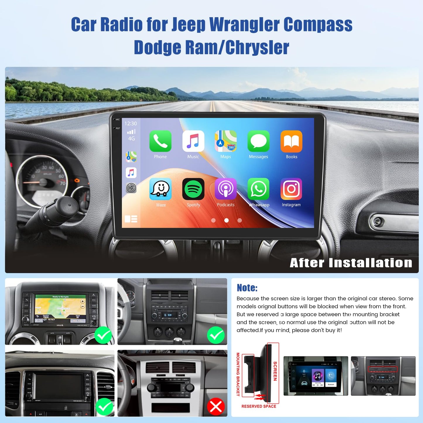 5Ghz WiFi 4G+128G Android 15 Car Radio for Jeep Wrangler Compass Grand Cherokee Dodge Ram Car Stereo with Wireless Carplay/Android Auto, 10" HD Touchscreen with GPS Bluetooth5.0 FM/RDS EQ SWC