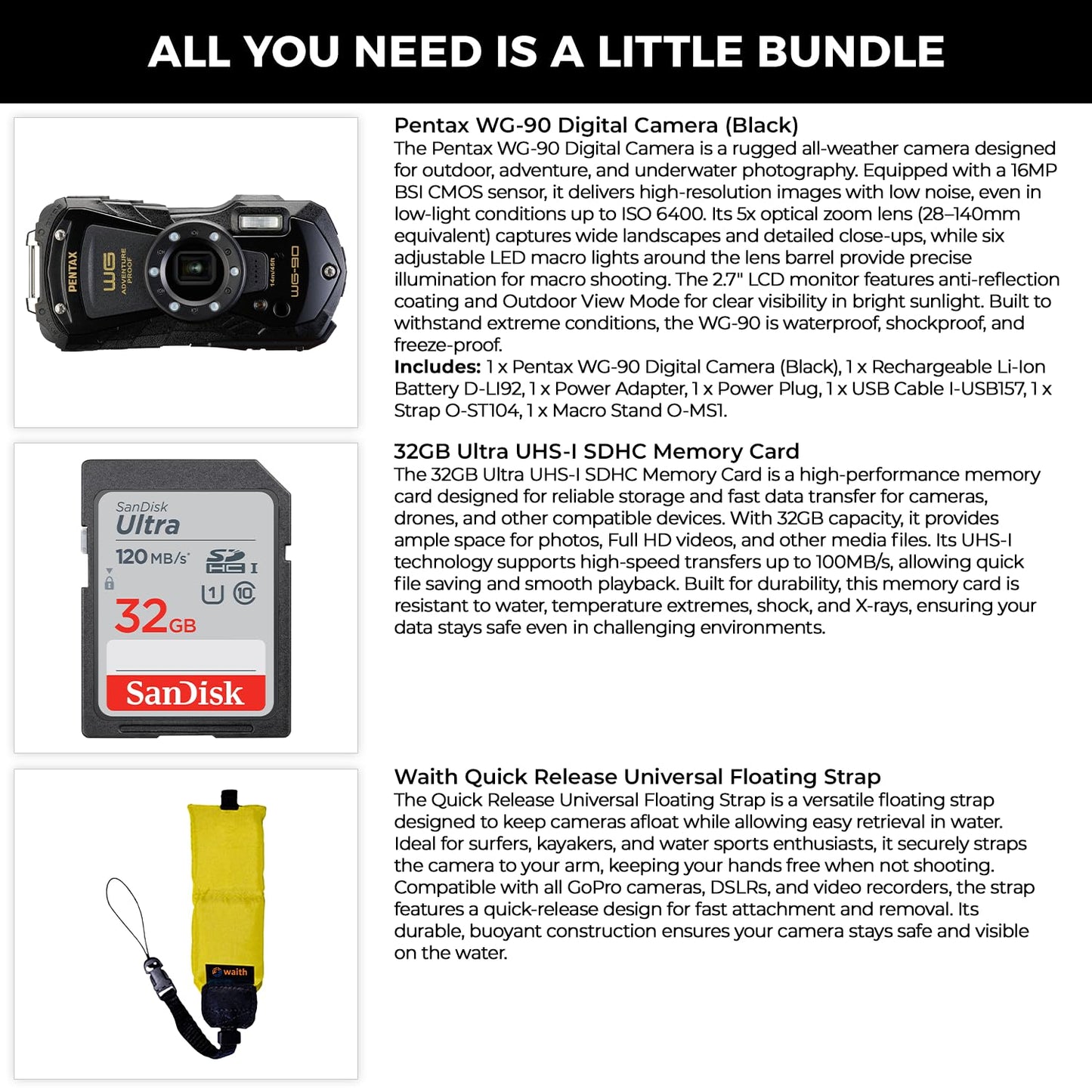 Pentax WG-90 Waterproof Digital Camera (Black) | 2.7" LCD Monitor Display Camera with 32GB Ultra UHS-I SDHC Memory Card and Waith Quick Release Camera Floating Strap (Yellow) - Essential Bundle Kit