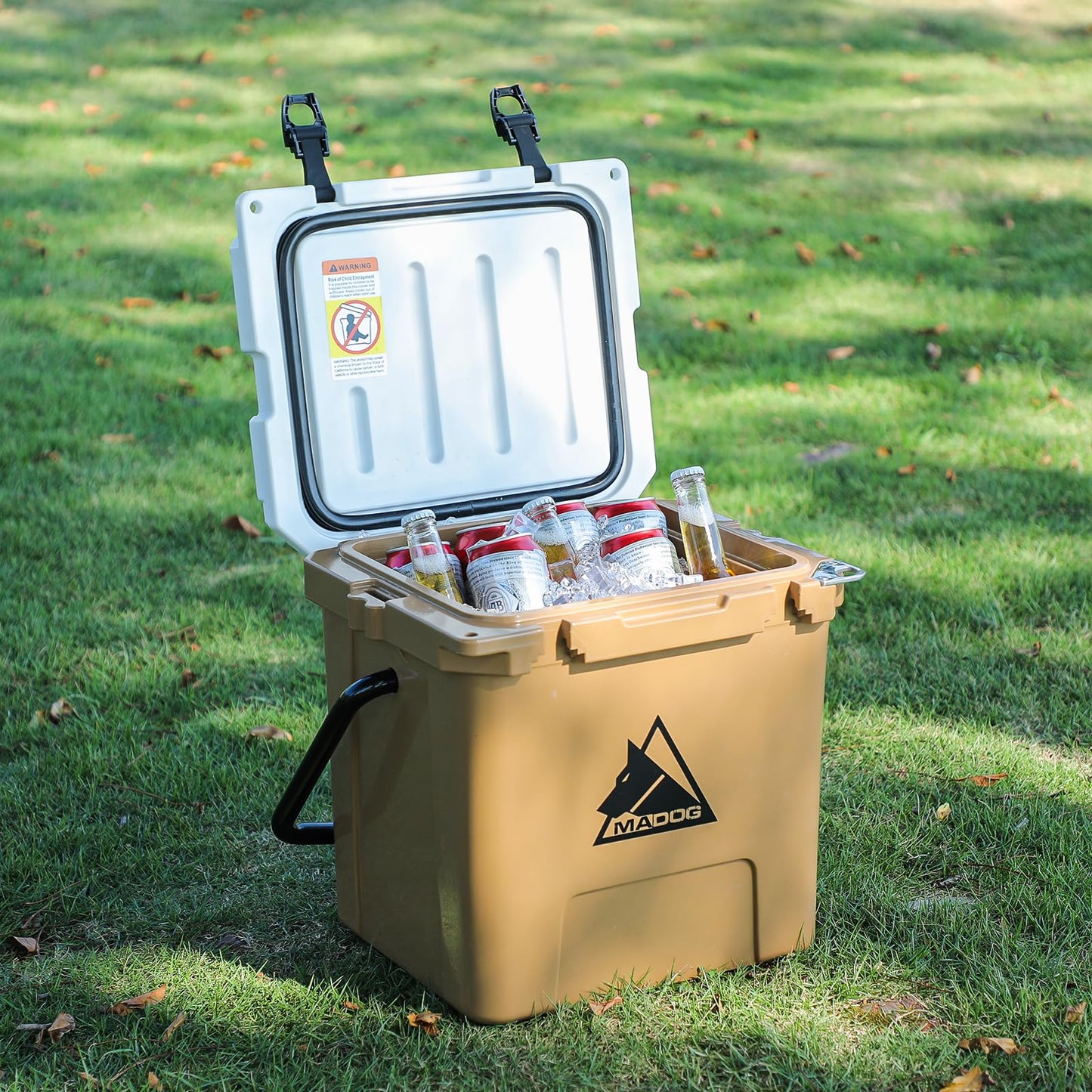 MADOG 18qt Portable Small Cooler, Lightweight Handle Hard Cooler, Leak-Proof LLDP Beach Cooler Keeps 7 Days Ice Retention, for Fishing, Camping, Boating and Traveling, White & Khaki