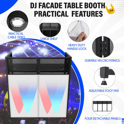 Portable DJ Facade Booth, Foldable DJ Table Station With White & Black Lighting Scrim,50"L x48" Hx 25"W DJ Stand Booth,With Adjustable DJ Event Facade Feet for Party, Black Metal Frame (52x 43.2 x 26)