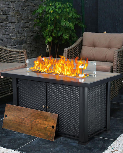 GarveeLife 44 in Propane Fire Pit Table,50000 BTU Fire Table with Ignition System,Outdoor Fire Table with Glass Rocks for Patio Garden Backyard,Rain Cover and Wind Guard Glass Included