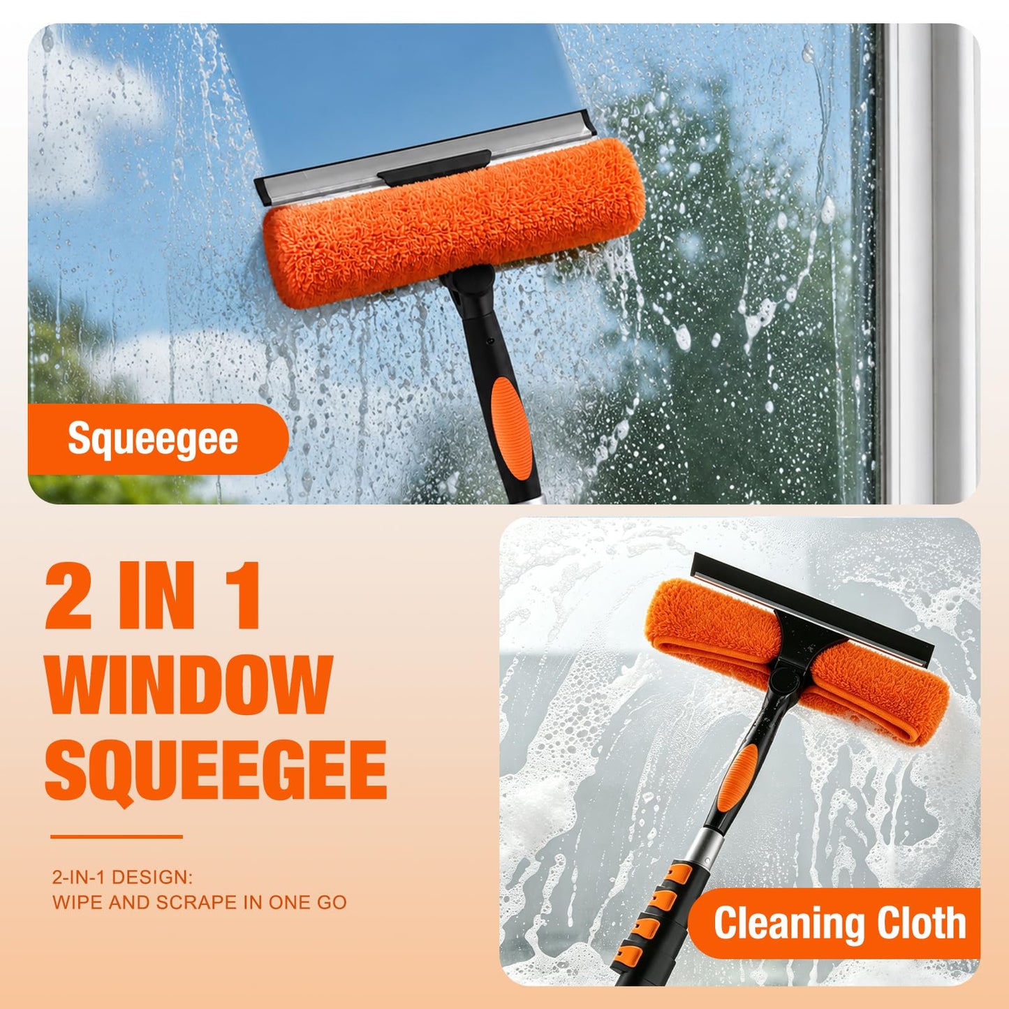 LAANPOLE 36FT Window Squeegee with Extension Pole, 2-in-1 Squeegee for Window Cleaning, Professional Cleaning Kit for Home with 30FT Telescoping Pole for Outdoor Indoor Use