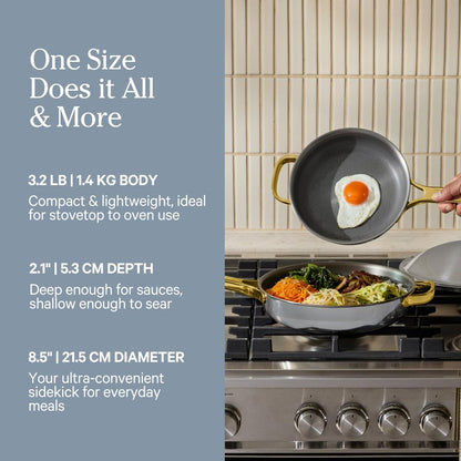 Our Place Titanium Always Pan Pro - 10.6” (2.8 Qt) No-Coating Nonstick Skillet | Tri-Ply Titanium & Stainless Steel | Safe for Oven, Induction & All Cooktops up to 750°F | Includes Spatula | Gold