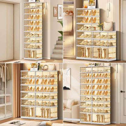CIMLORD 9 Tier Foldable Shoe Rack for Closet Entryway 18-36 Pairs Stackable Clear Shoe Storage Boxes with Lids Large Shoes Shelf with Door Tall Plastic Organizer Cabinet Easy Assembly