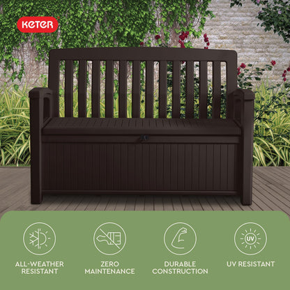 Keter 60 Gallon Storage Bench Deck Box for Patio Furniture, Front Porch Decor and Outdoor Seating – Perfect to Store Garden Tools