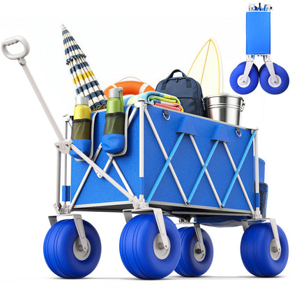 Premium 10.5" Balloon Wheels Beach Wagon - 450LBS Heavy Duty Sand Wagon, Foldable All Terrain Collapsible Utility Wagon with Removable Cooler Bag, Easy Roll for Soft Sand Family Camping - Blue