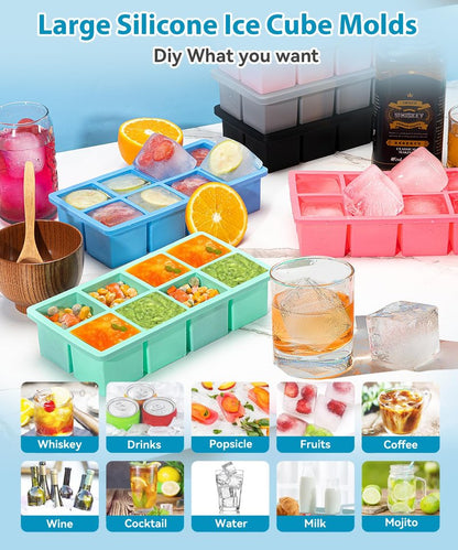 Large Ice Cube Tray 2 Pack, Lxndaser 2 Inch Silicone Ice Cube Molds for Whisky, Cocktail, Big Square Silicone Ice Trays With Lid, Leak-Proof Stackable Design for Freezer, Iced Coffee, Bourbon Drinks
