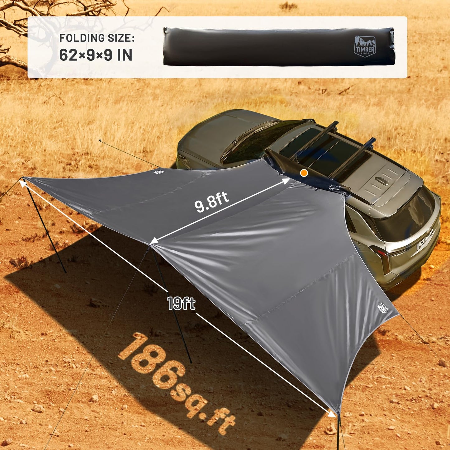 TIMBER RIDGE 19x9.8ft Retractable Car Awning with Blackout Coating, 186ft² Roof Rack Pull-Out Sun Shade Overland Camping, UPF50+ Waterproof Sun Shelter for Vehicle/Truck/Jeep/SUV/Van Grey