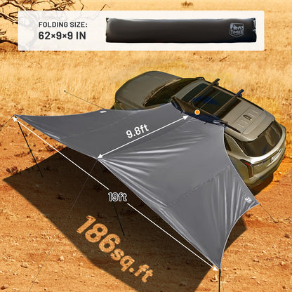 TIMBER RIDGE 19x9.8ft Retractable Car Awning with Blackout Coating, 186ft² Roof Rack Pull-Out Sun Shade Overland Camping, UPF50+ Waterproof Sun Shelter for Vehicle/Truck/Jeep/SUV/Van Grey