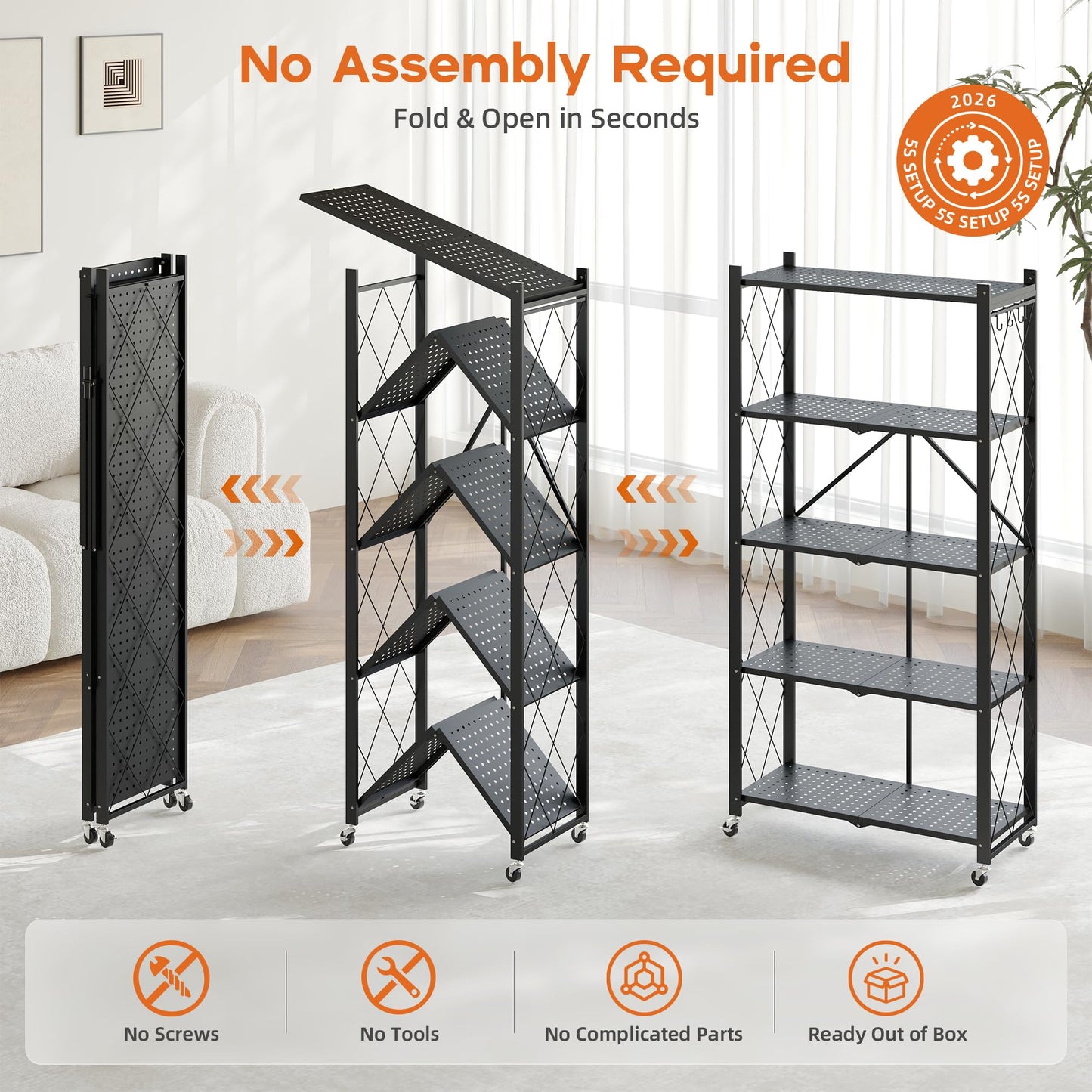 Fenbeli 5 Tier Folding Storage Shelf with Wheels & 8 S-Hooks, No Assembly Heavy Duty Metal Foldable Shelves, 300 LBS Capacity Rolling Collapsible Shelving Unit for Kitchen, Garage, Pantry, Living Room