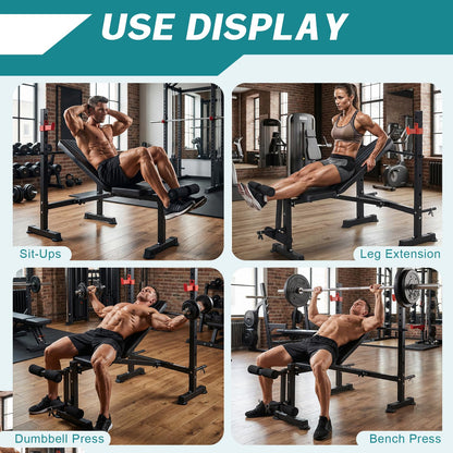 OLIXIS Adjustable Weight Bench Set with Rack, 650 LBS Capacity Heavy Duty Foldable Bench Press Set with Leg Extension Curl, Easy Assembly Strength Training Workout Set for Garage, Home, Gym