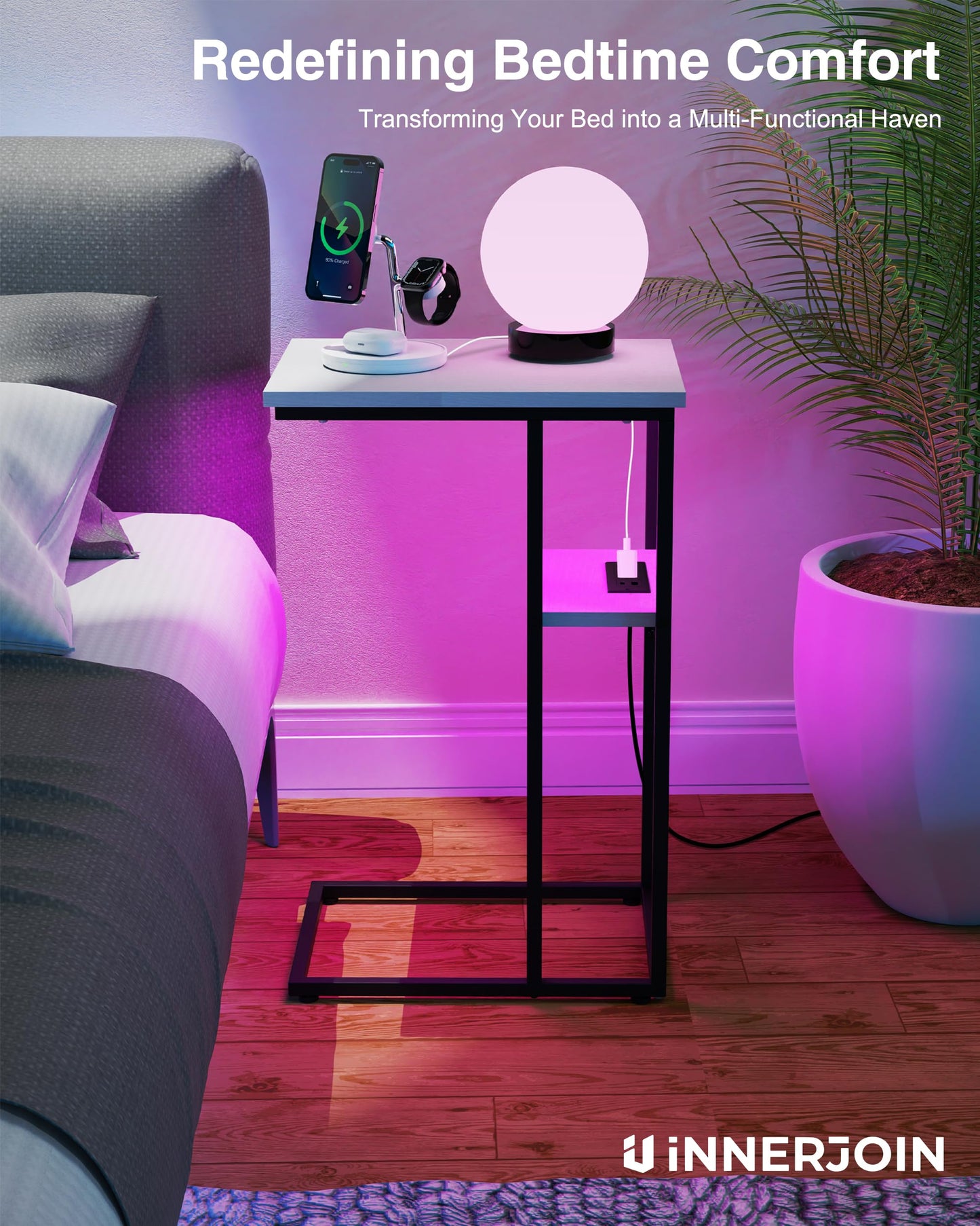 Innerjoin Side Table with Charging Station Set of 2, C Shaped End Table with LED Light Strip, Fast Charge Type C & USB Ports, Small Sofa Snack Laptop Side Table for Living Room Bedroom, Rustic Brown