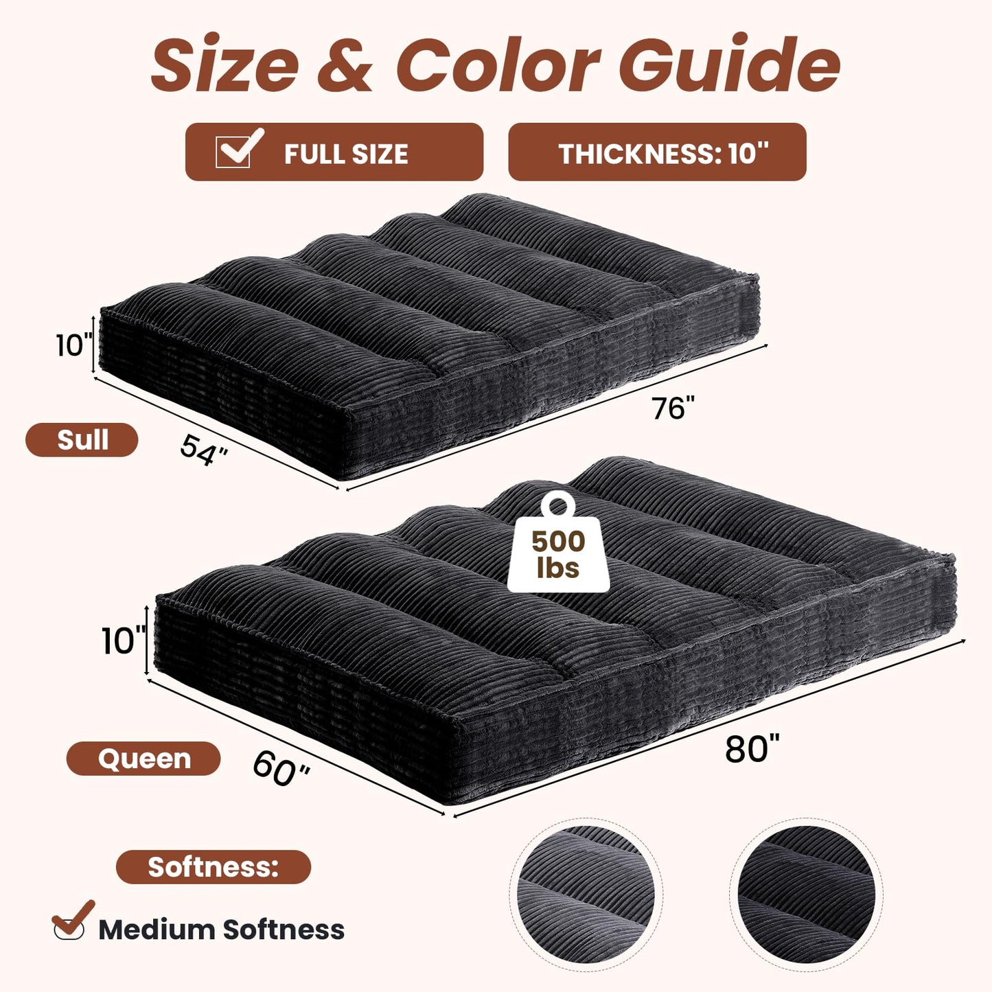 feliz home 10" Futon Mattress Full Size,Futons Sofa Couch Bed with Straps, Thick Corduroy Floor Mattress for Adults, Roll Up Folding Mattress Shredded Foam Filling, Medium Firm(Frame Not Included)