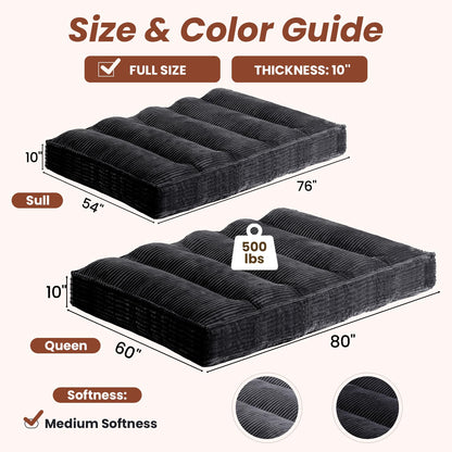 feliz home 10" Futon Mattress Full Size,Futons Sofa Couch Bed with Straps, Thick Corduroy Floor Mattress for Adults, Roll Up Folding Mattress Shredded Foam Filling, Medium Firm(Frame Not Included)