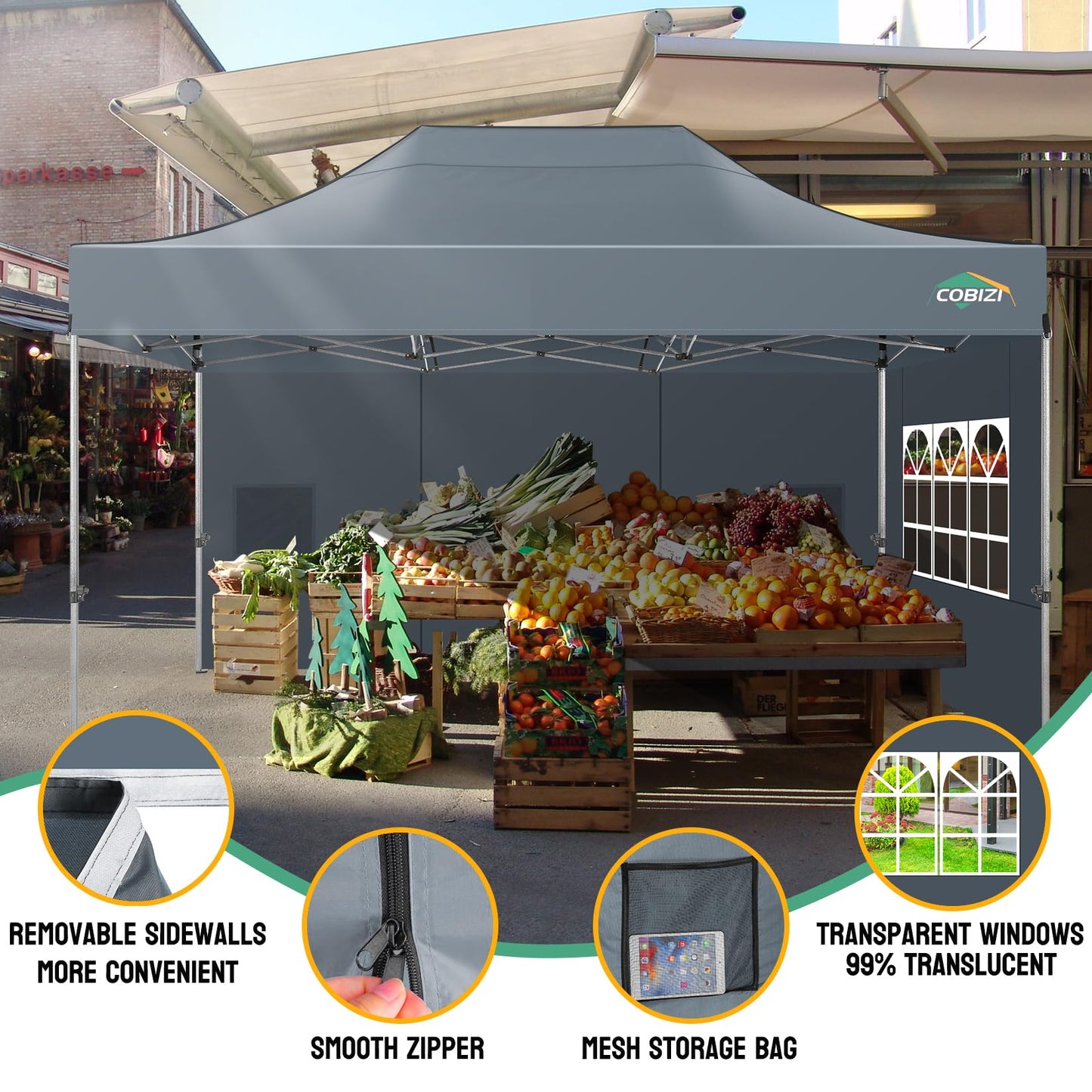 COBIZI 10x15 Heavy Duty Pop Up Canopy Tent with 4 Sidewalls Thicken Frame, Commercial Easy Up Outdoor Wedding Party Tents, All Season Waterproof Windproof with Stakes Sandbags Ropes Bag, Gray