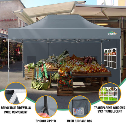 COBIZI 10x15 Heavy Duty Pop Up Canopy Tent with 4 Sidewalls Thicken Frame, Commercial Easy Up Outdoor Wedding Party Tents, All Season Waterproof Windproof with Stakes Sandbags Ropes Bag, Gray