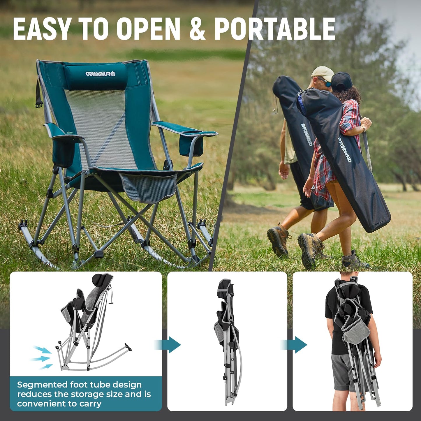 FUNDANGO Rocking Camping Chair, High Mesh Back Portable Folding Camp Chairs with Pillows, Cup Holder and Carry Bag for Lawn Patio Garden Outdoor Supports 300 Lbs (Black/Grey)