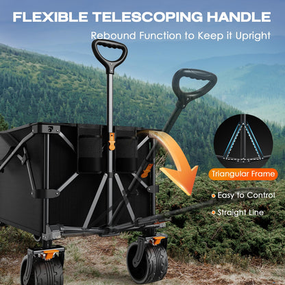 Navatiee 300L Collapsible Wagon Cart Foldable Extra Large, 48''L Folding Extended Beach Wagon with 440LBS Weight Capacity and Big All-Terrain Wheels, Heavy Duty Utility Garden Cart for Sports Outdoor